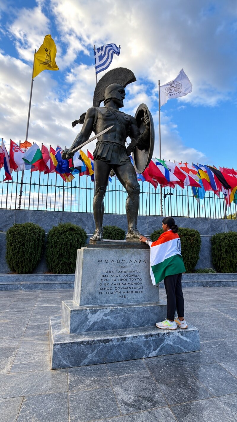 Anitha, wrapped in the Indian flag, stands at the base of the statue of King Leonidas in Sparta, one hand resting on the marble plinth.